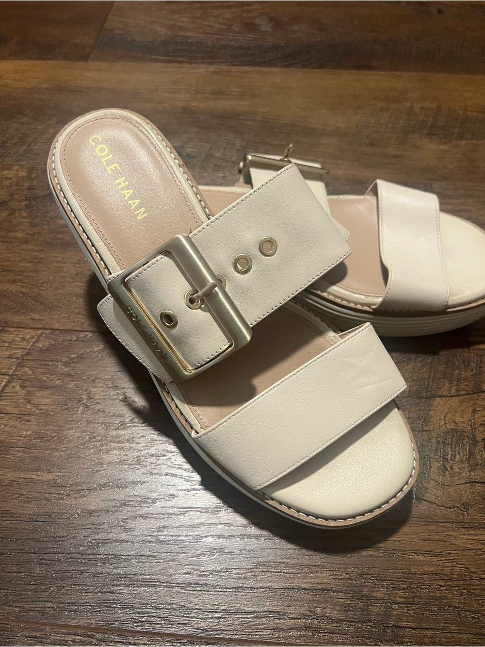 Cole Haan Cream Slide Sandals with Gold Buckle